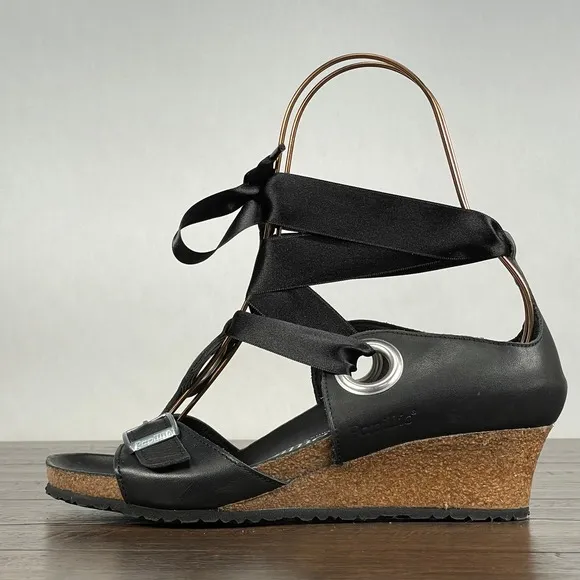 Papillio Birkenstock EMMY Sandals Womens 37/6.5 Black Leather Wedge Comfort NEW