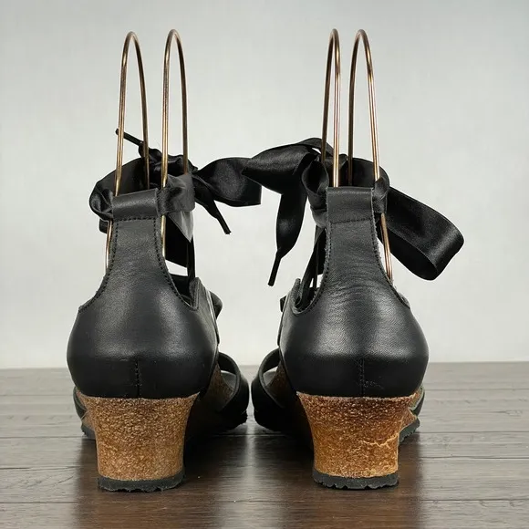 Papillio Birkenstock EMMY Sandals Womens 37/6.5 Black Leather Wedge Comfort NEW