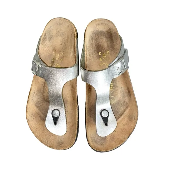 Papillio By Birkenstock Gizeh Metallic Silver Leather Slip-On Thong Sandals