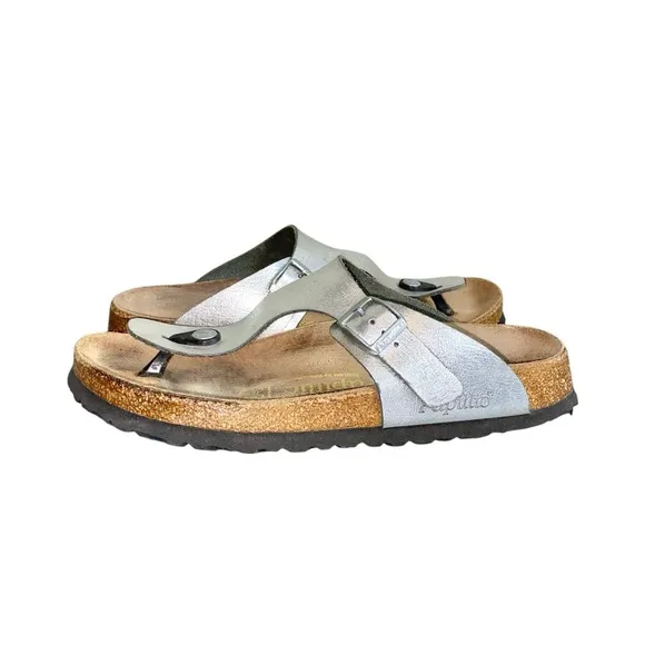 Papillio By Birkenstock Gizeh Metallic Silver Leather Slip-On Thong Sandals
