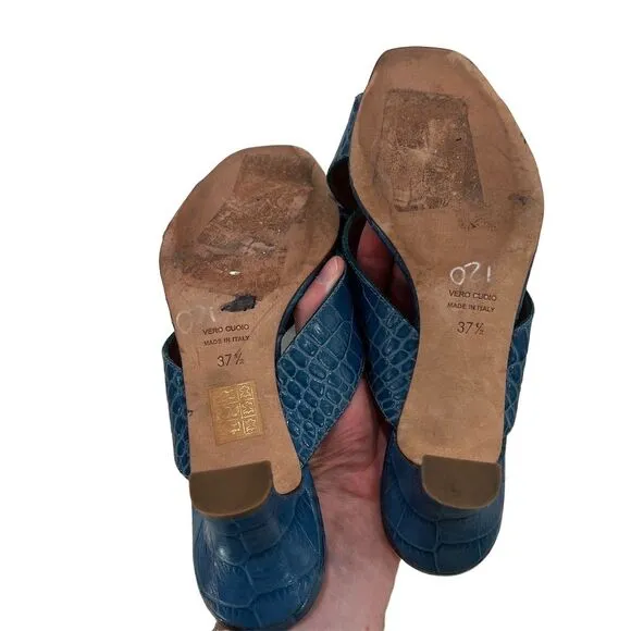 Paris Texas Women's Blue Croc Embossed Leather Mule Heel Sandals Size 7.5