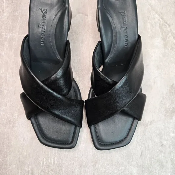 Paul Green Square Toe Mule Sandals Black Leather Dressy Slip On Block Heel Shoes