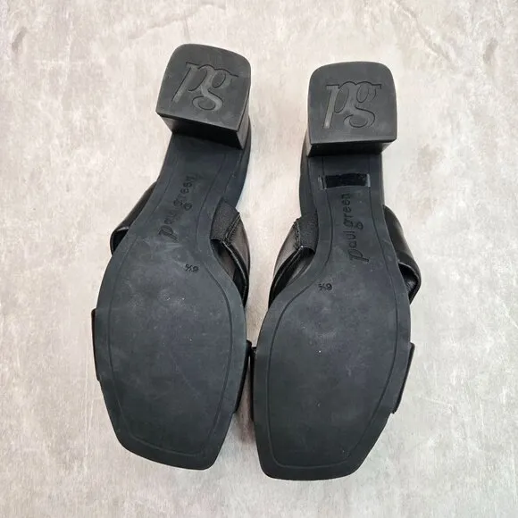 Paul Green Square Toe Mule Sandals Black Leather Dressy Slip On Block Heel Shoes