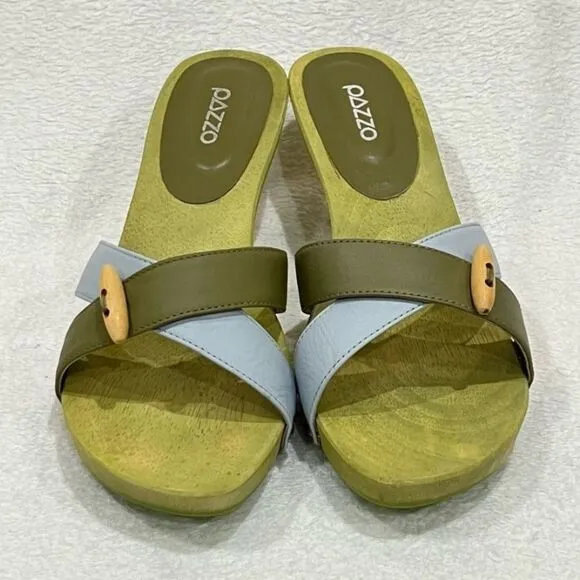 PAZZO Green Leather Wooden Slip On Sandals with Metal Stiletto Heels Size 8.5