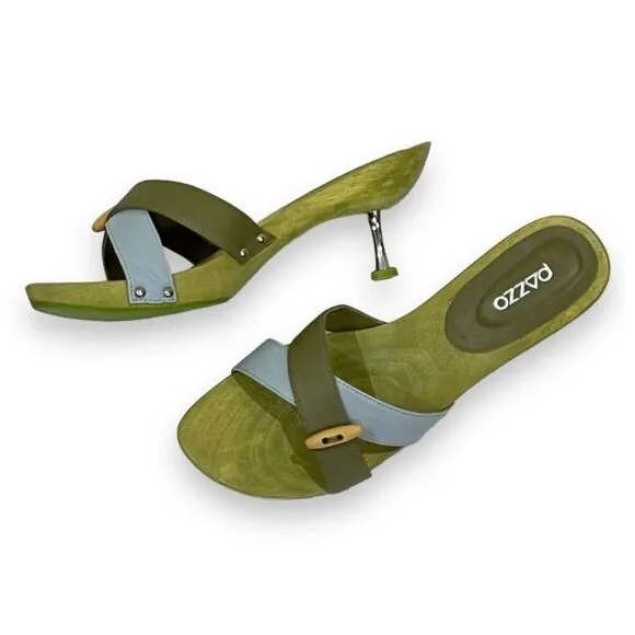 PAZZO Green Leather Wooden Slip On Sandals with Metal Stiletto Heels Size 8.5