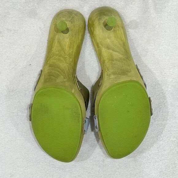 PAZZO Green Leather Wooden Slip On Sandals with Metal Stiletto Heels Size 8.5