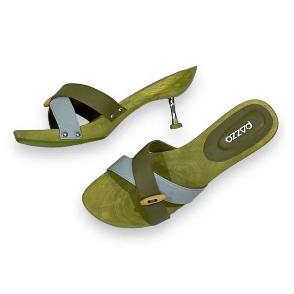 PAZZO Green Leather Wooden Slip On Sandals with Metal Stiletto Heels Size 8.5