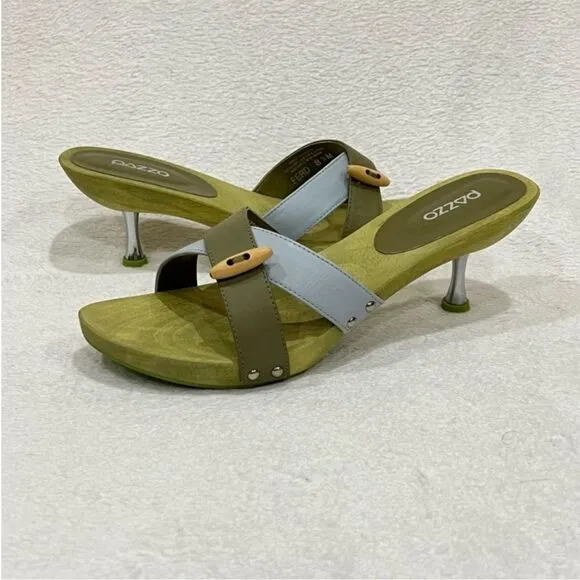 PAZZO Green Leather Wooden Slip On Sandals with Metal Stiletto Heels Size 8.5