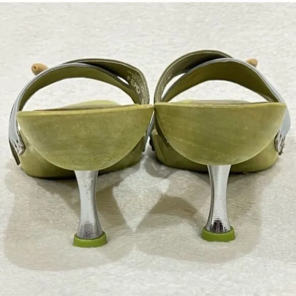 PAZZO Green Leather Wooden Slip On Sandals with Metal Stiletto Heels Size 8.5