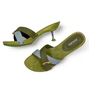 PAZZO Green Leather Wooden Slip On Sandals with Metal Stiletto Heels Size 8.5
