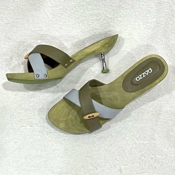 PAZZO Green Leather Wooden Slip On Sandals with Metal Stiletto Heels Size 8.5