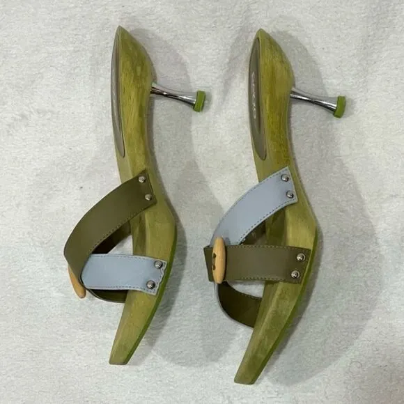 PAZZO Green Leather Wooden Slip On Sandals with Metal Stiletto Heels Size 8.5
