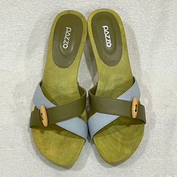 PAZZO Green Leather Wooden Slip On Sandals with Metal Stiletto Heels Size 8.5