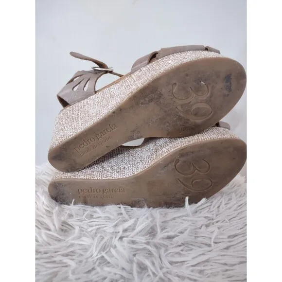 Pedro Garcia  Cutout-Scalloped Tan Leather Wedge Platform Sandal 39.5 US 9