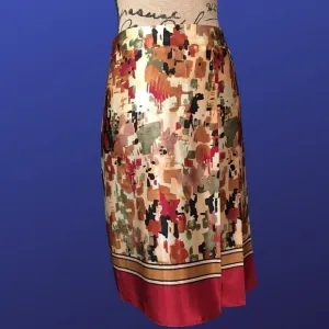 PIERRE CARDIN 100% Polyester SILKY SKIRT, 3-PLEATED FRONT, Red/Gold, Size 12