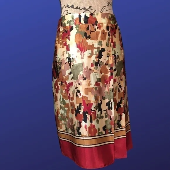 PIERRE CARDIN 100% Polyester SILKY SKIRT, 3-PLEATED FRONT, Red/Gold, Size 12