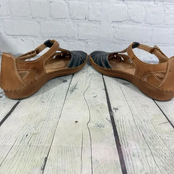 Pikolinos Sandals Women Size 9-9.5 US 40 EU Leather T-Strap Brown Vallerta Shoes