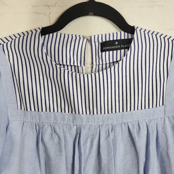 Pomander Place Tuckernuck Preppy Feminine Quinn Tiered Mini Dress Blue Stripe XS
