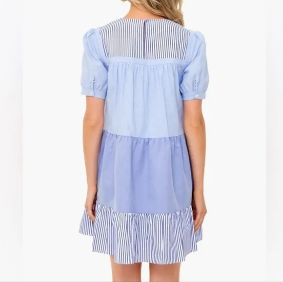 Pomander Place Tuckernuck Preppy Feminine Quinn Tiered Mini Dress Blue Stripe XS