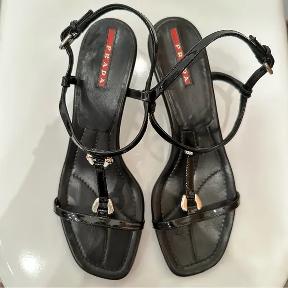 Prada Black Patent Sandals 38