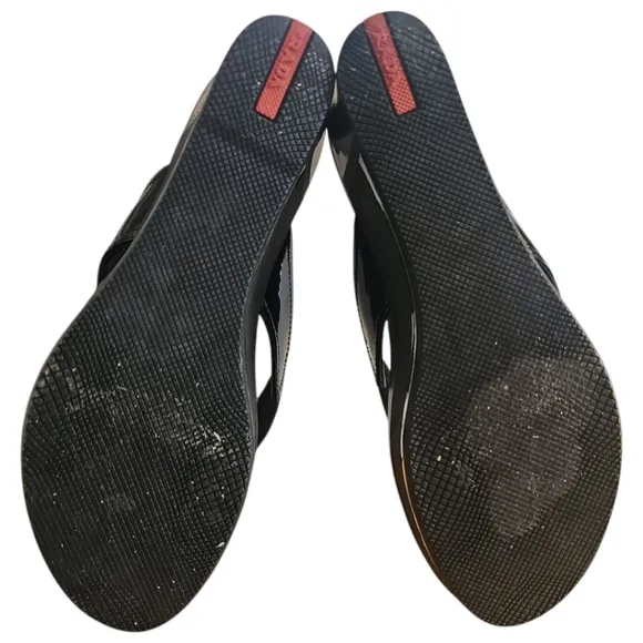 Prada Black Ribbon Patent Platform Sandal Size 38.5