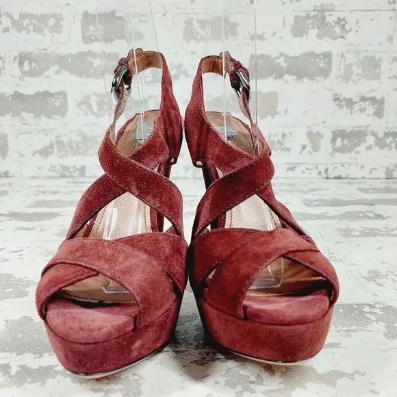 Prada Burgundy Red Suede Buckle Slingback High Heeled Sandals O97