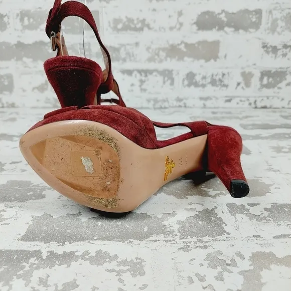 Prada Burgundy Red Suede Buckle Slingback High Heeled Sandals O97