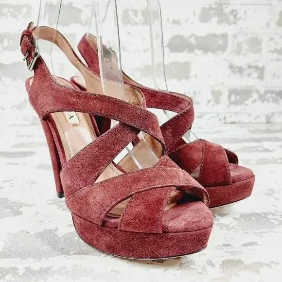 Prada Burgundy Red Suede Buckle Slingback High Heeled Sandals O97