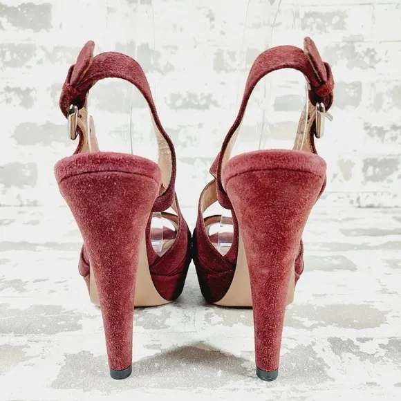 Prada Burgundy Red Suede Buckle Slingback High Heeled Sandals O97