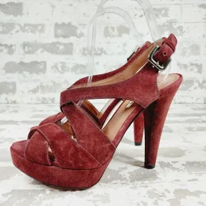Prada Burgundy Red Suede Buckle Slingback High Heeled Sandals O97