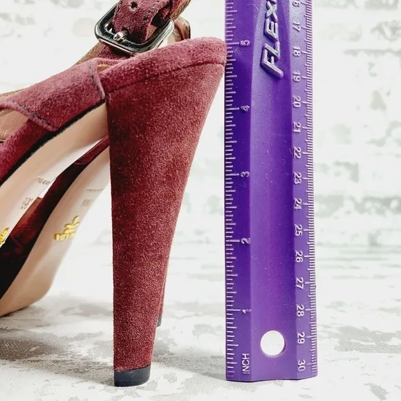 Prada Burgundy Red Suede Buckle Slingback High Heeled Sandals O97