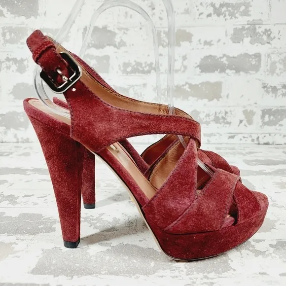 Prada Burgundy Red Suede Buckle Slingback High Heeled Sandals O97