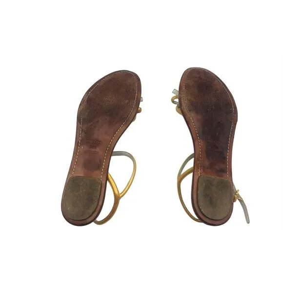 PRADA laminated Leather Bow Detail T Strap Sandals In Gold 8.5