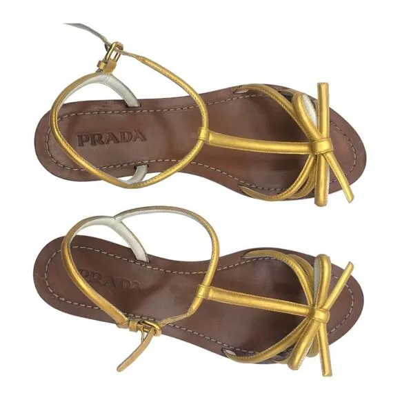 PRADA laminated Leather Bow Detail T Strap Sandals In Gold 8.5