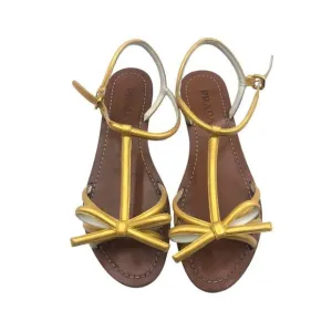 PRADA laminated Leather Bow Detail T Strap Sandals In Gold 8.5