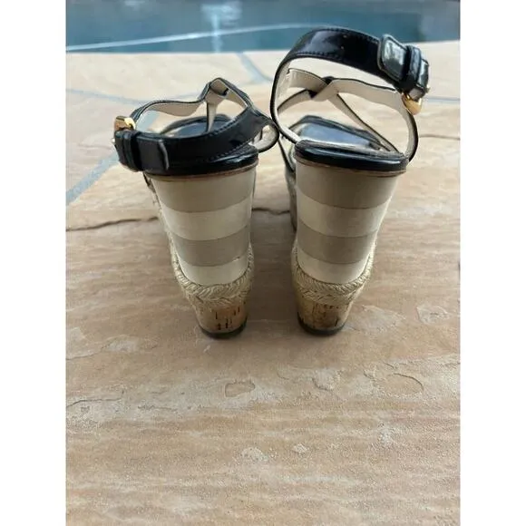 Prada Patent Leather Wedge Heels Sandals Beige Slingback Womens Size 38 Womens 8