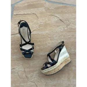 Prada Patent Leather Wedge Heels Sandals Beige Slingback Womens Size 38 Womens 8