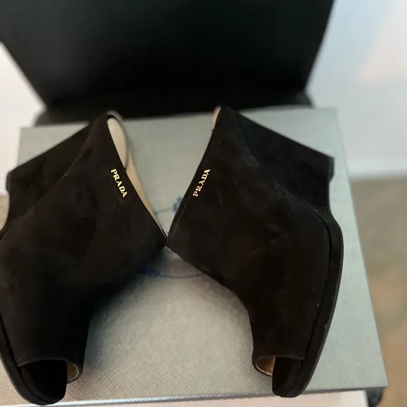 PRADA PRE-LOVED RARE AUTHENTIC BLACK SUEDE WEDGE SLIP ON SANDALS