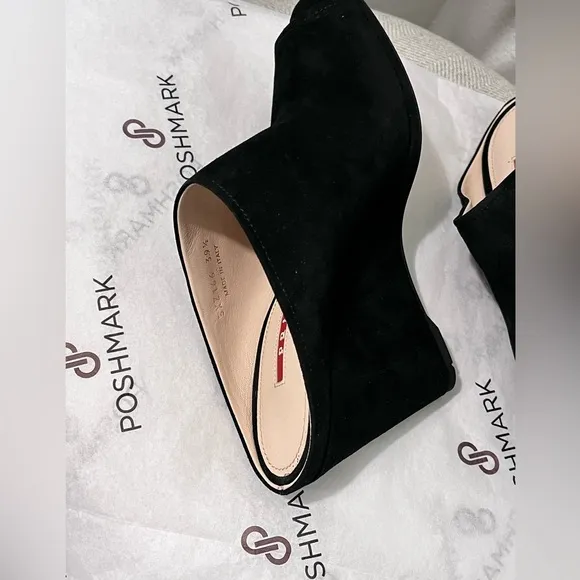 PRADA PRE-LOVED RARE AUTHENTIC BLACK SUEDE WEDGE SLIP ON SANDALS