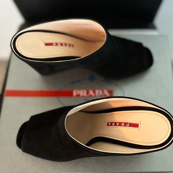 PRADA PRE-LOVED RARE AUTHENTIC BLACK SUEDE WEDGE SLIP ON SANDALS