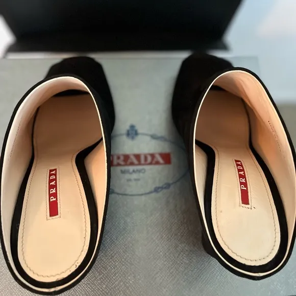 PRADA PRE-LOVED RARE AUTHENTIC BLACK SUEDE WEDGE SLIP ON SANDALS
