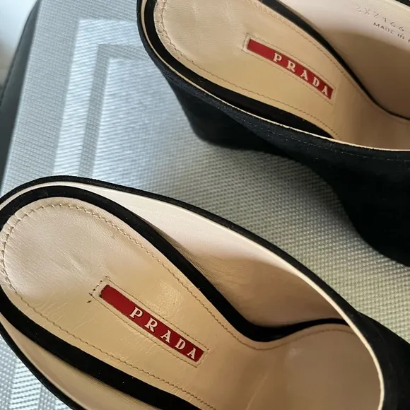 PRADA PRE-LOVED RARE AUTHENTIC BLACK SUEDE WEDGE SLIP ON SANDALS