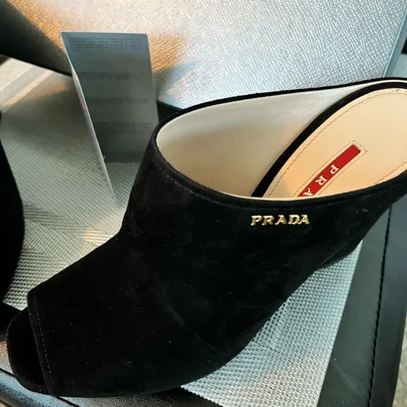 PRADA PRE-LOVED RARE AUTHENTIC BLACK SUEDE WEDGE SLIP ON SANDALS