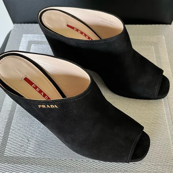 PRADA PRE-LOVED RARE AUTHENTIC BLACK SUEDE WEDGE SLIP ON SANDALS