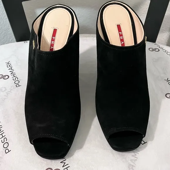 PRADA PRE-LOVED RARE AUTHENTIC BLACK SUEDE WEDGE SLIP ON SANDALS