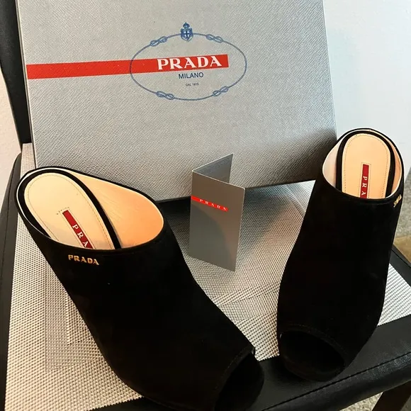 PRADA PRE-LOVED RARE AUTHENTIC BLACK SUEDE WEDGE SLIP ON SANDALS