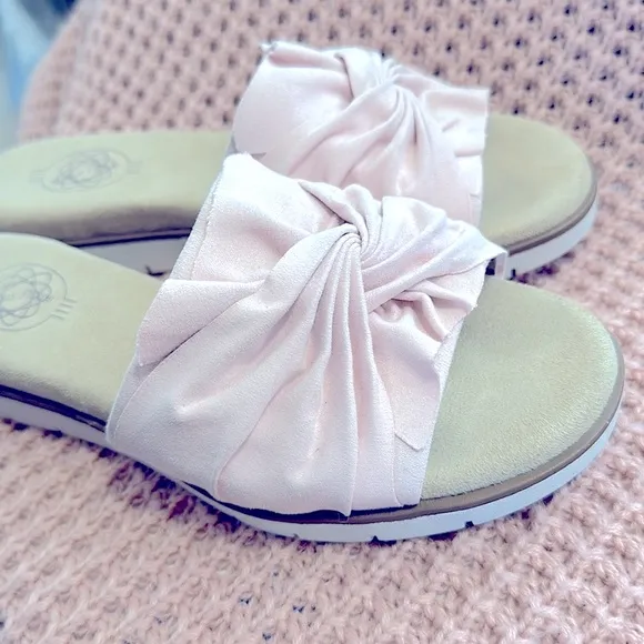💕Pretty Suede Open-Toe Slip-ons Slide Wedge Slipper Sandals w/Bow-Like Detail