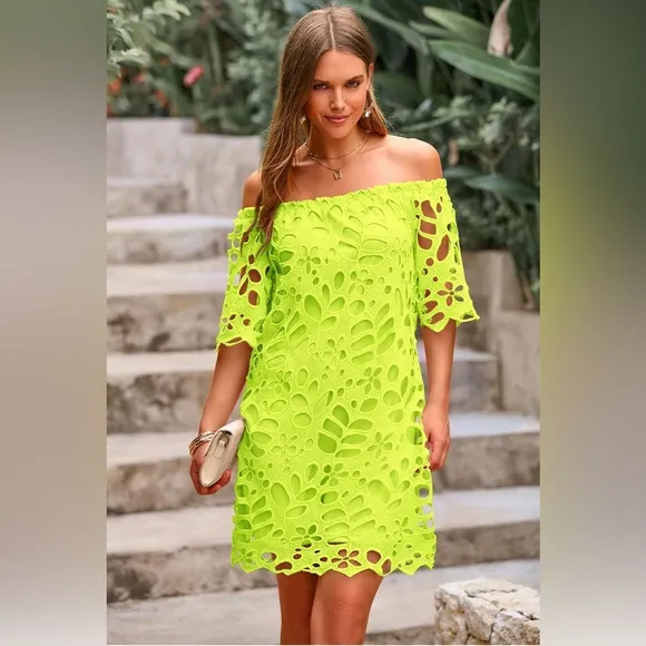 PRETTYGARDEN Off Shoulder Floral Lace FlareShort Sleeve Loose Elegant Mini Dress