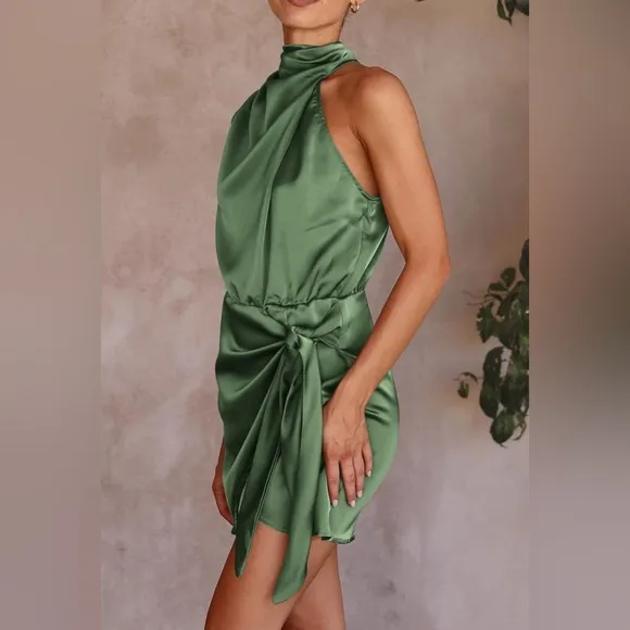 PRETTYGARDEN Short Formal Satin Dress Mock Neck Tie Waist Cocktail Party Dress
