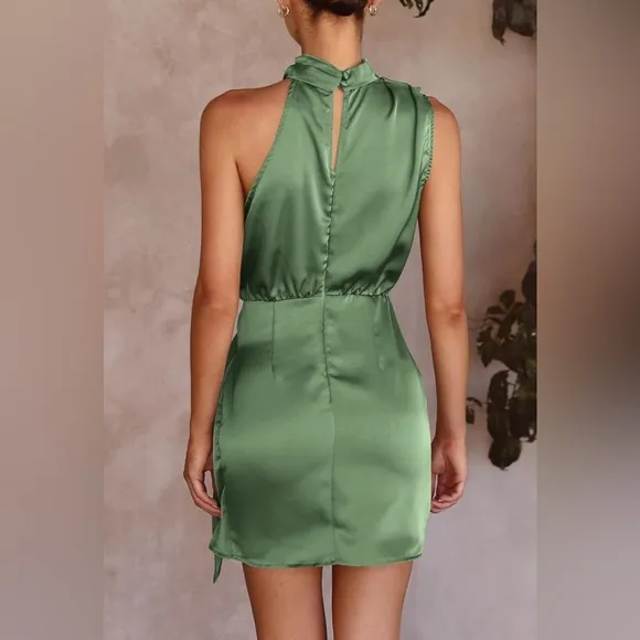 PRETTYGARDEN Short Formal Satin Dress Mock Neck Tie Waist Cocktail Party Dress